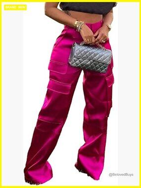 High Waisted Satin Cargo Pants Wide Leg Y2K Trousers with Pockets Streetwear